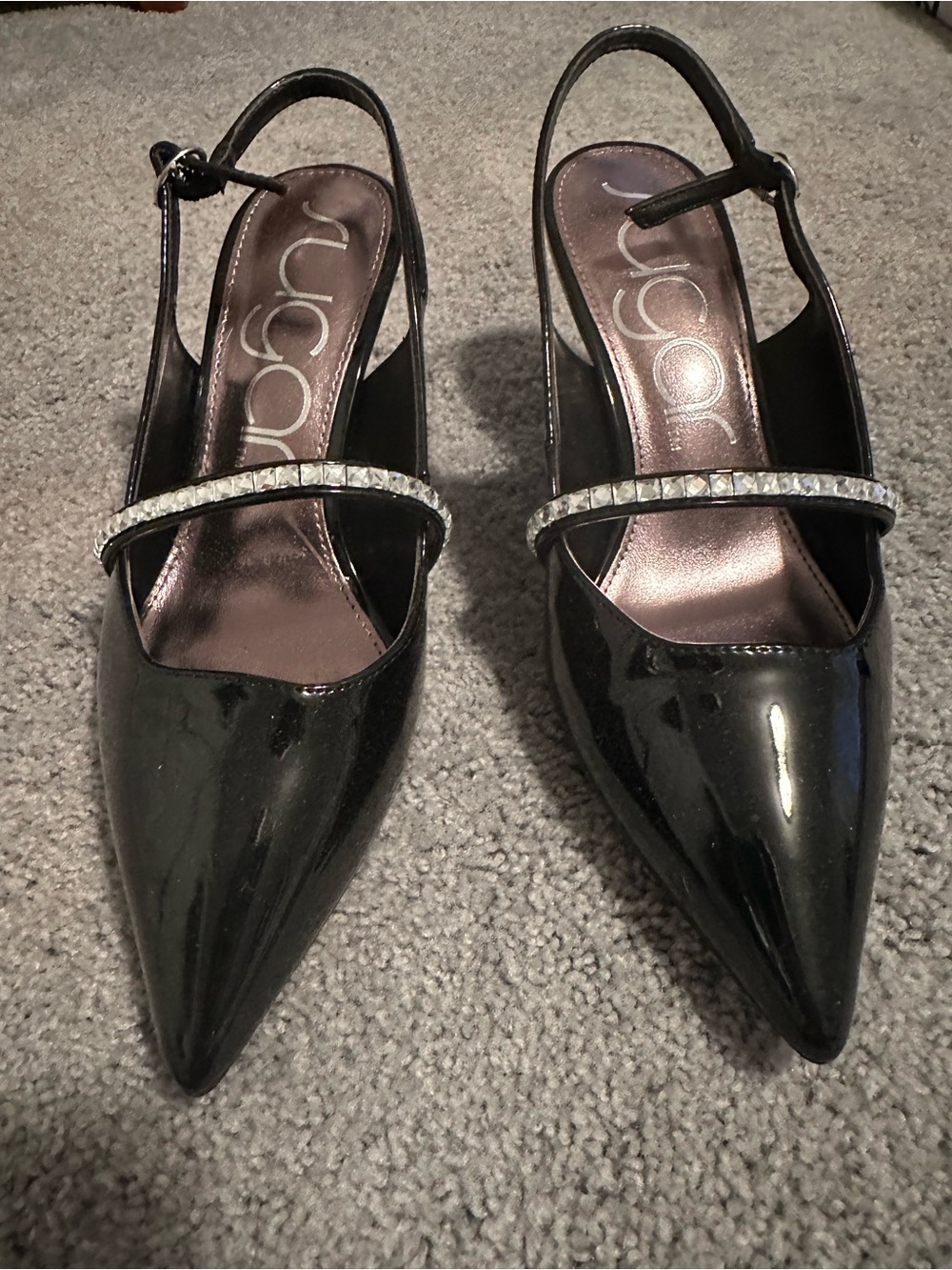 Sugar Black Patent Pointed Toe Slingbacks with Rhinestone Strap